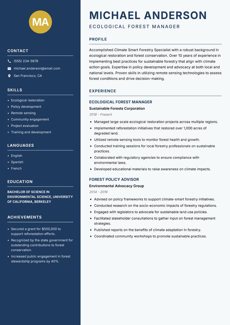 Climate Smart Forestry Specialist resume template — Classic Clean