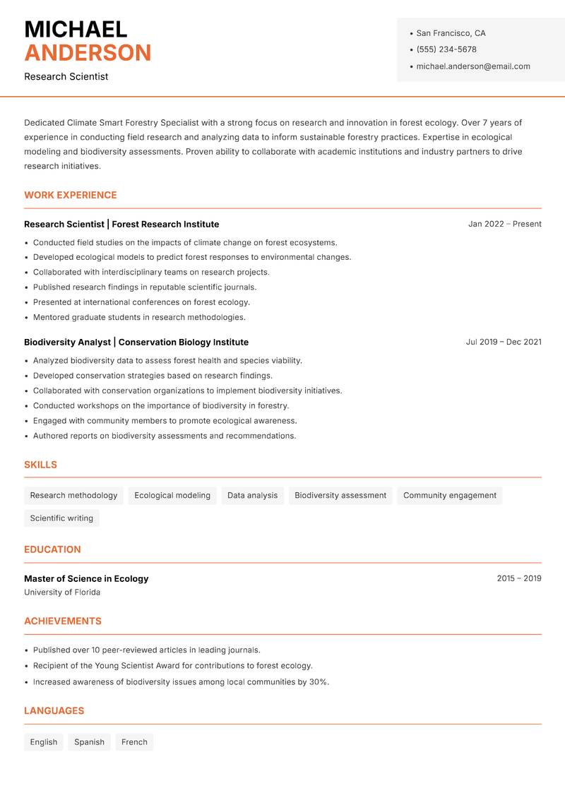 Climate Smart Forestry Specialist resume template — Modern Professional