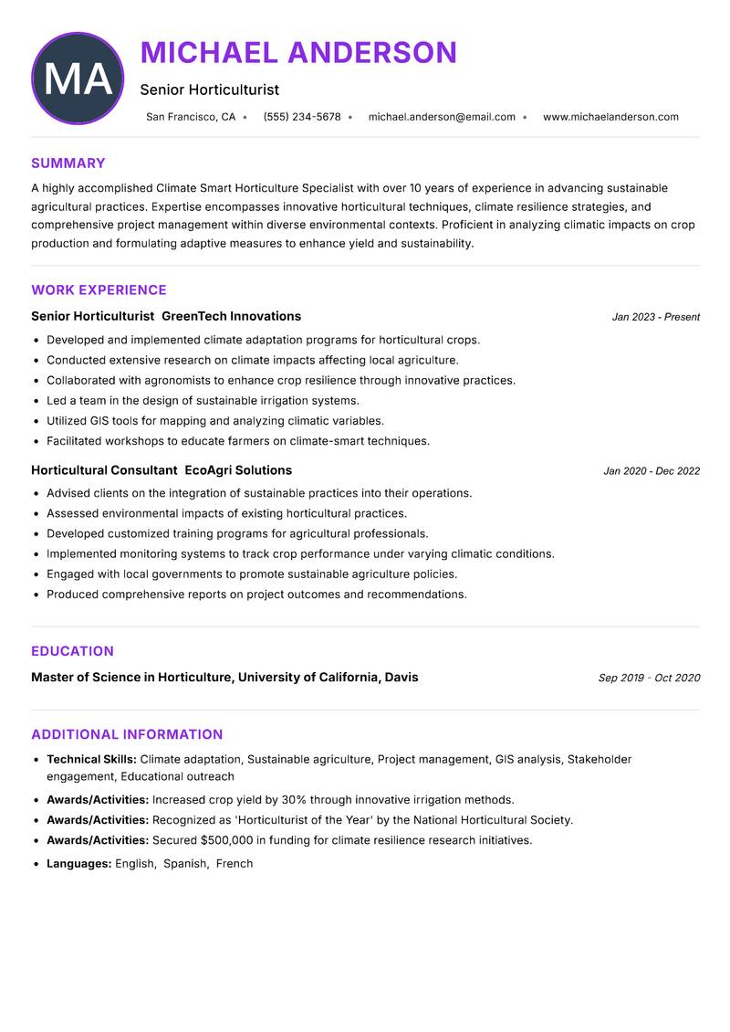 Climate Smart Horticulture Specialist resume example — ATS-friendly template