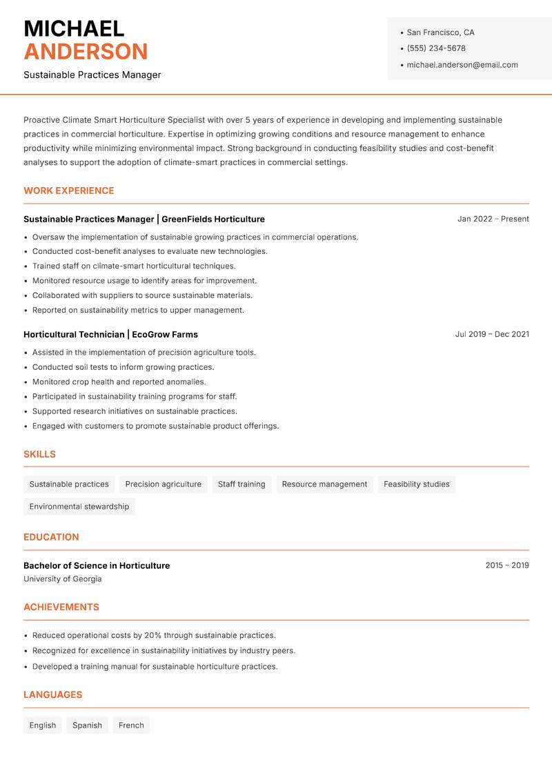 Climate Smart Horticulture Specialist resume template — Modern Professional