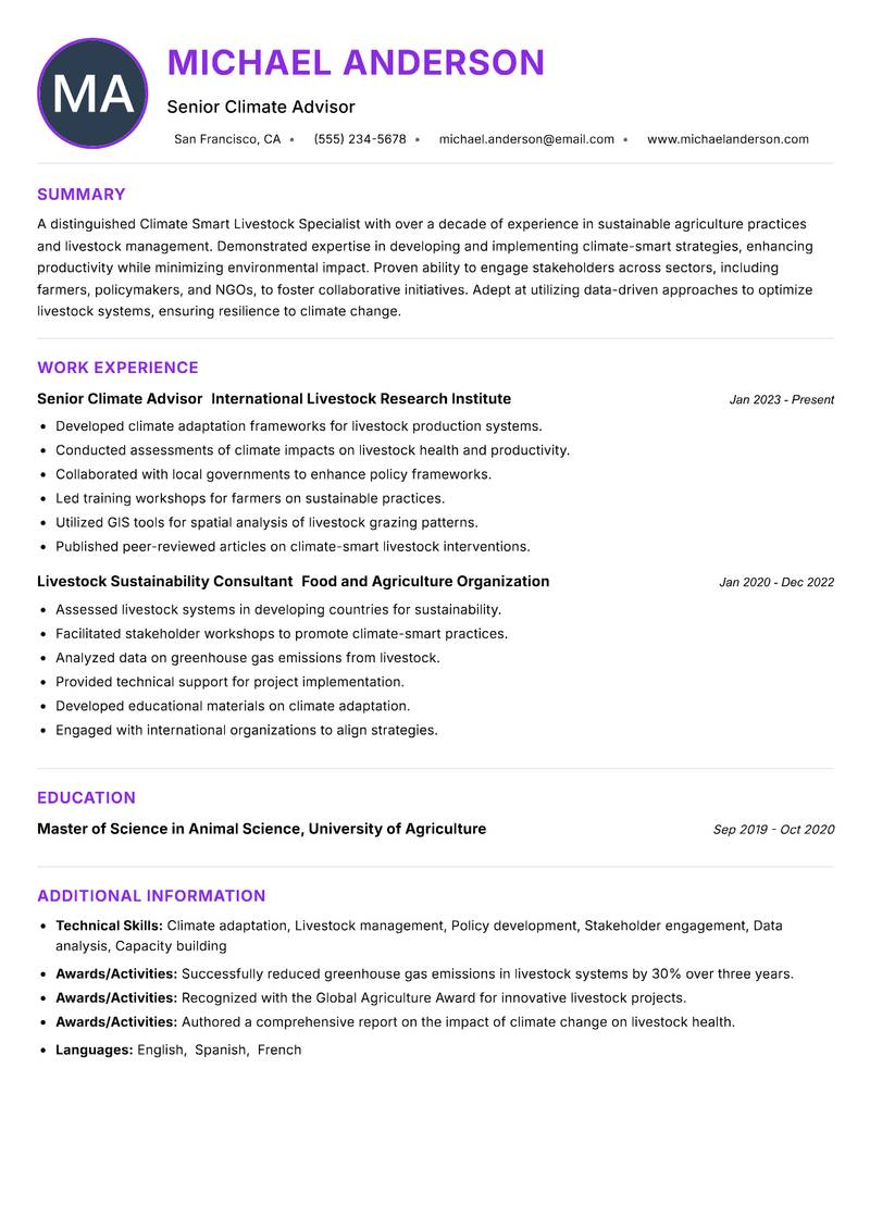 Climate Smart Livestock Specialist resume example — ATS-friendly template