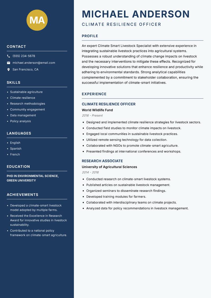 Climate Smart Livestock Specialist resume template — Classic Clean
