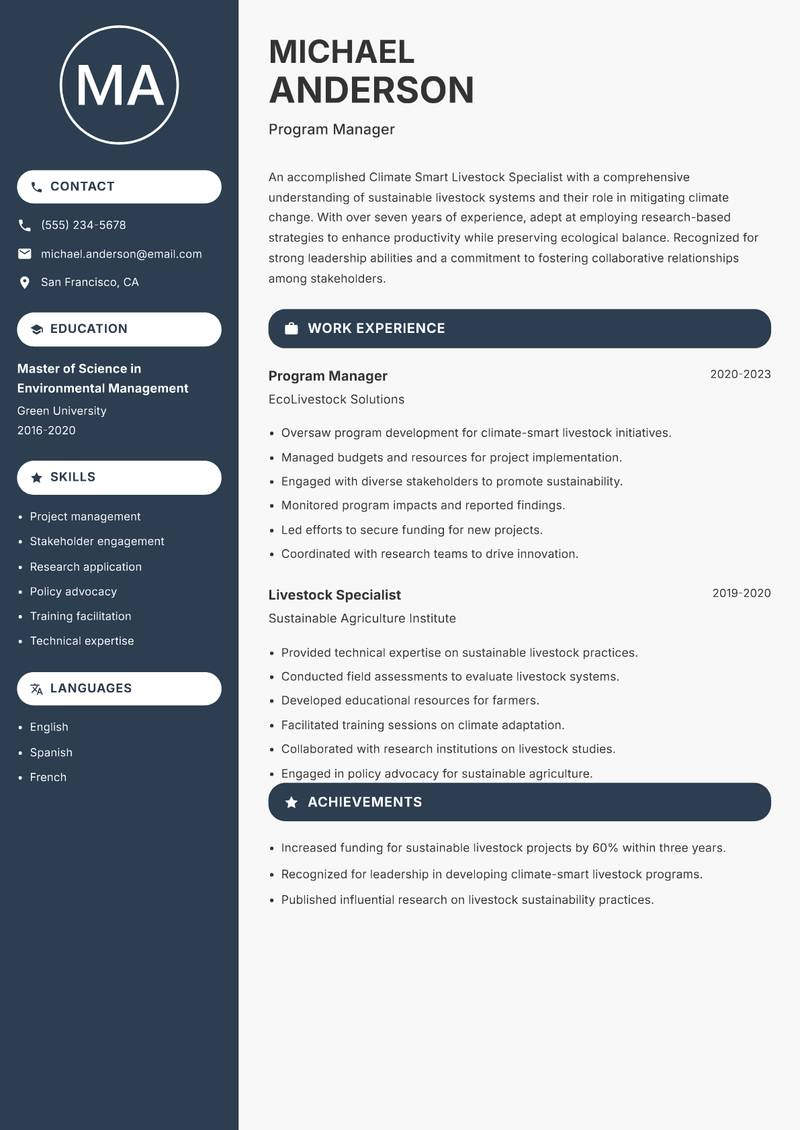 Climate Smart Livestock Specialist resume template — Compact