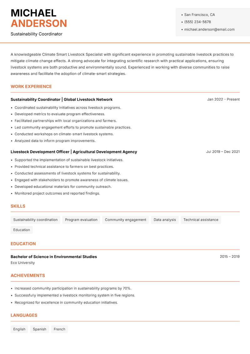Climate Smart Livestock Specialist resume template — Modern Professional