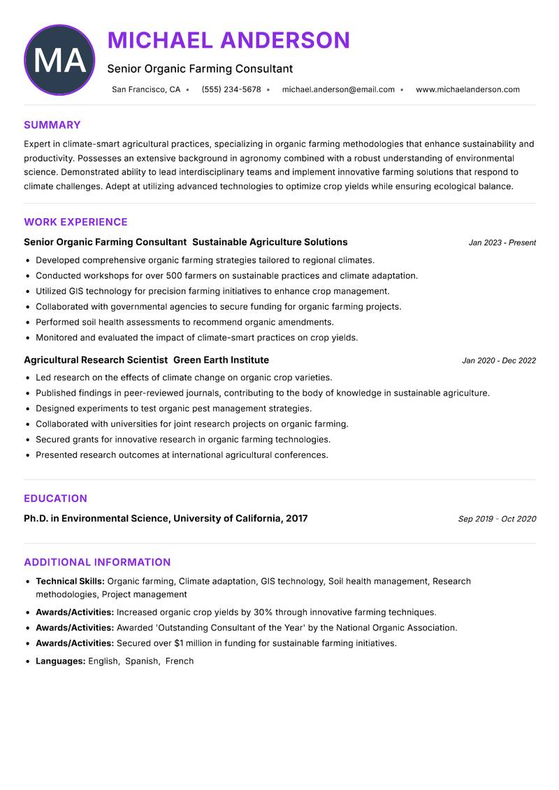 Climate Smart Organic Farming Specialist resume example — ATS-friendly template