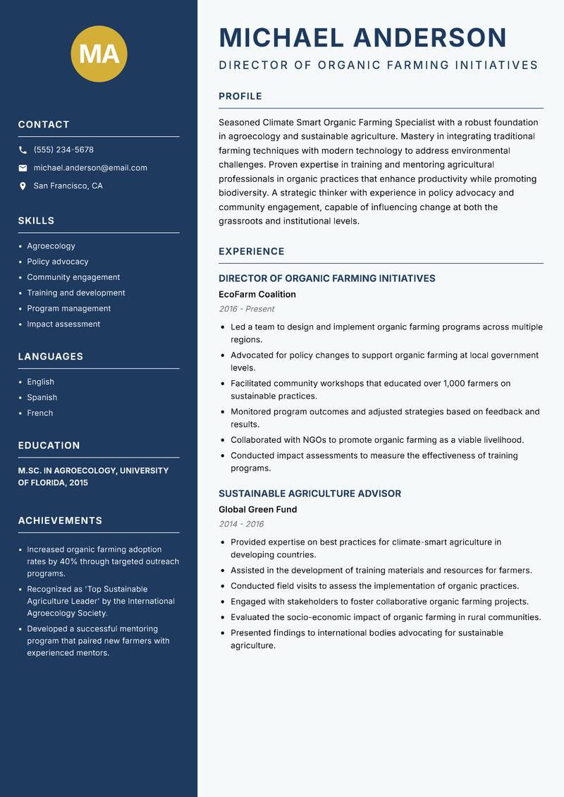 Climate Smart Organic Farming Specialist resume template — Classic Clean