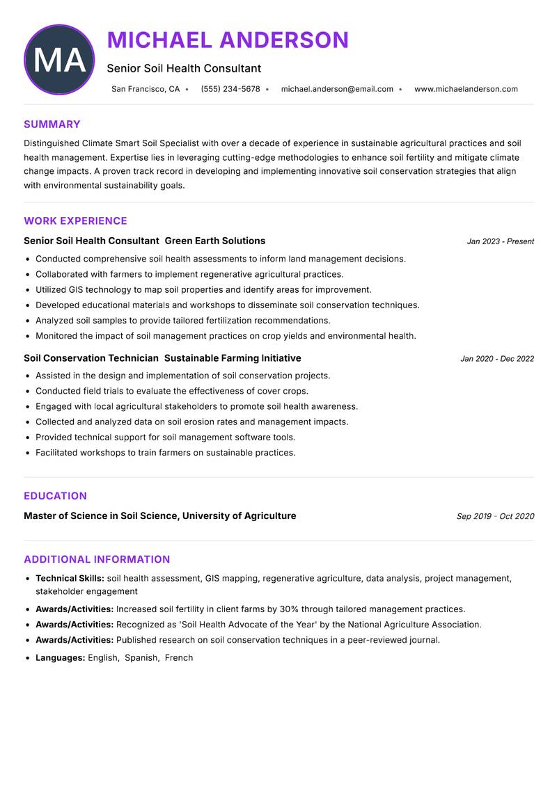 Climate Smart Soil Specialist resume example — ATS-friendly template