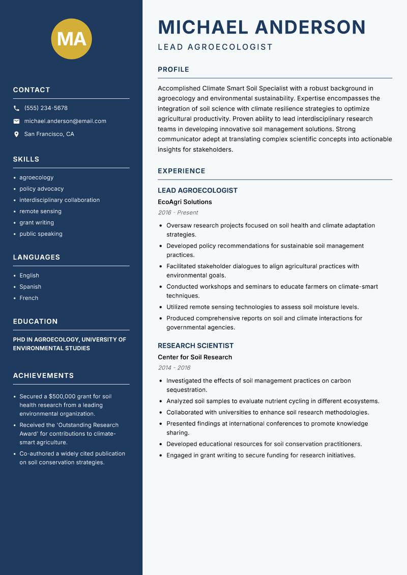 Climate Smart Soil Specialist resume template — Classic Clean