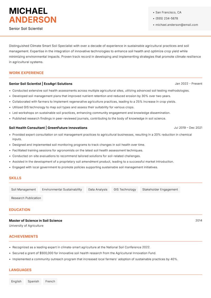 Climate Smart Soil Specialist resume template — Modern Professional