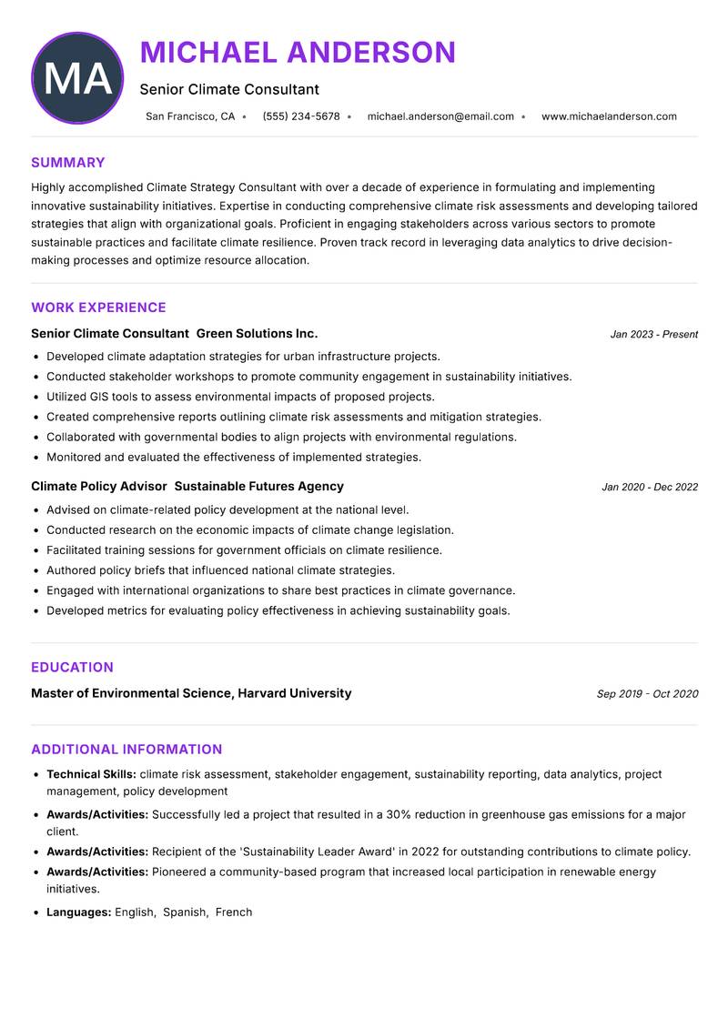 Climate Strategy Consultant resume example — ATS-friendly template