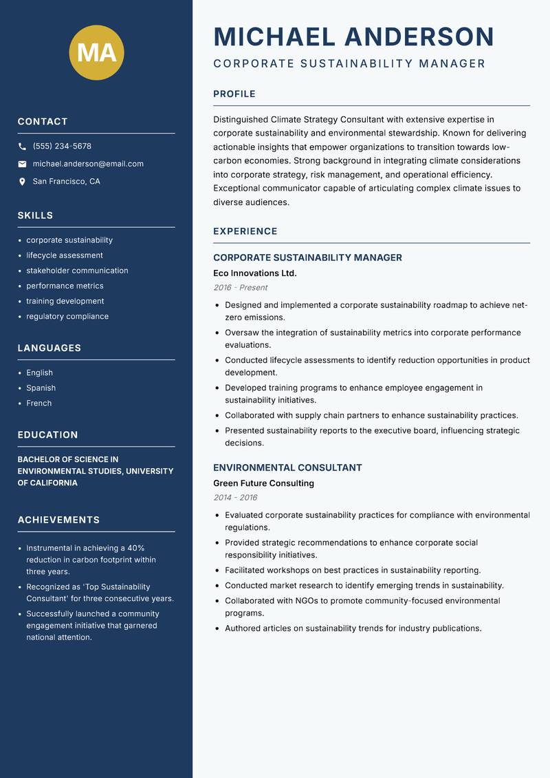 Climate Strategy Consultant resume template — Classic Clean