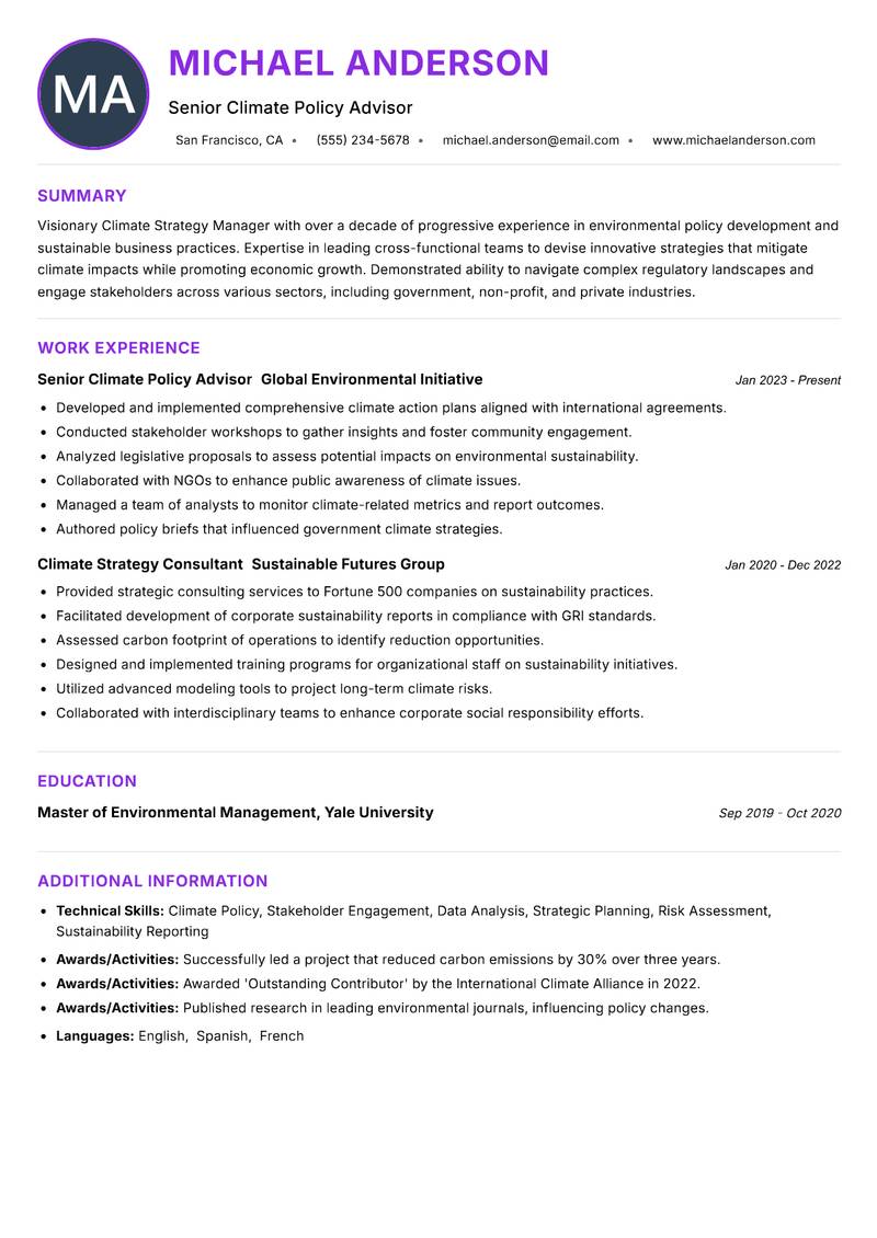 Climate Strategy Manager resume example — ATS-friendly template