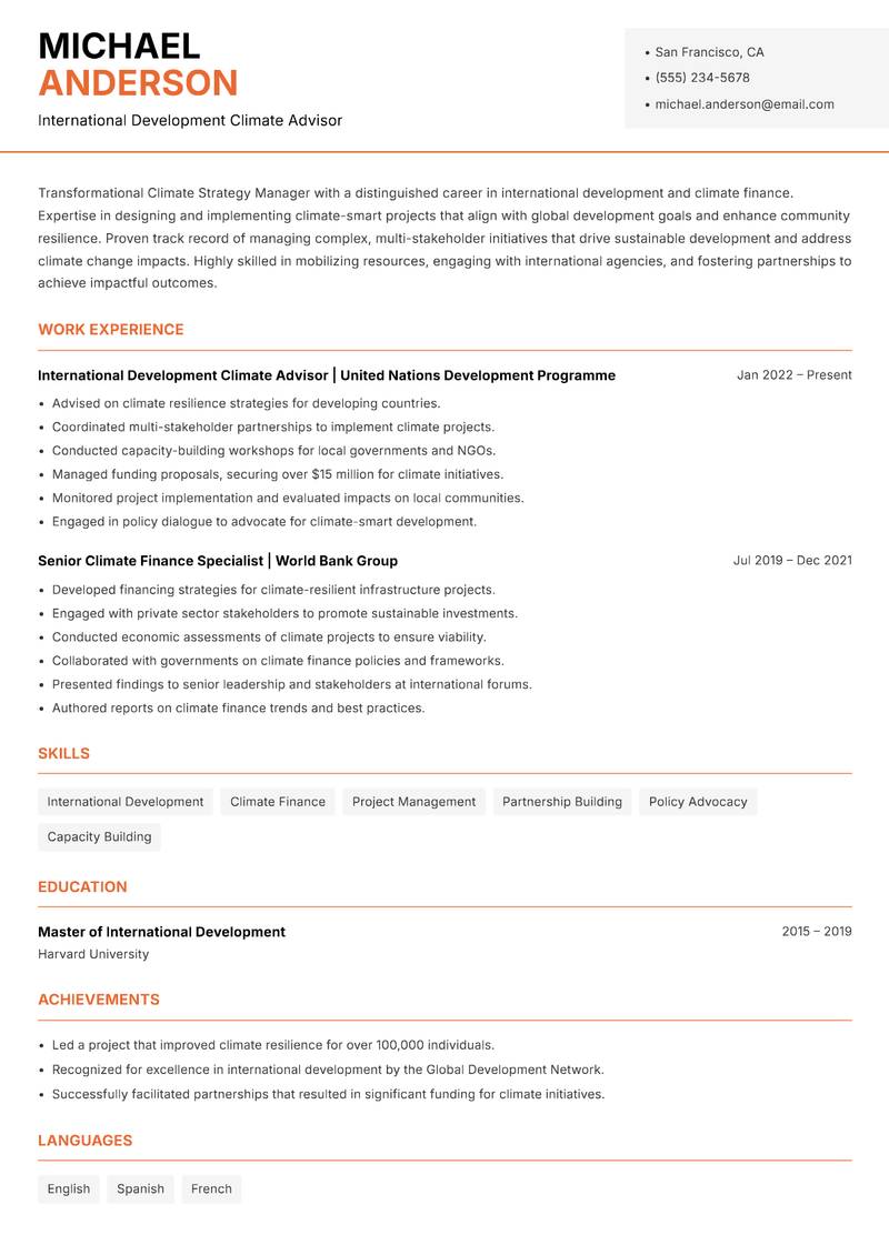 Climate Strategy Manager resume template — Modern Professional
