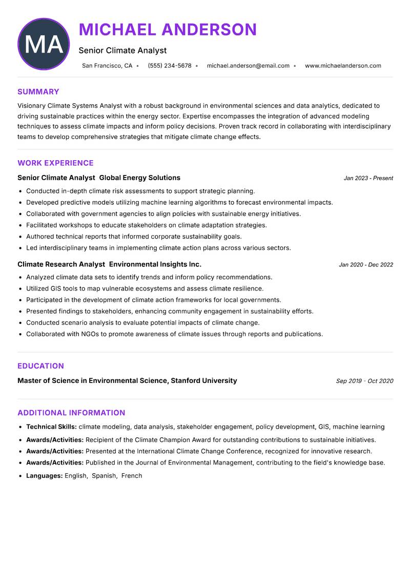 Climate Systems Analyst resume example — ATS-friendly template