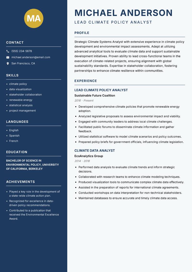Climate Systems Analyst resume template — Classic Clean