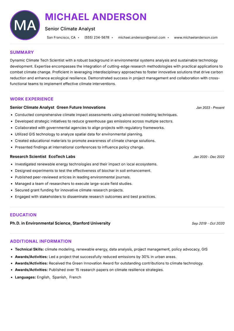 Climate Tech Scientist resume example — ATS-friendly template