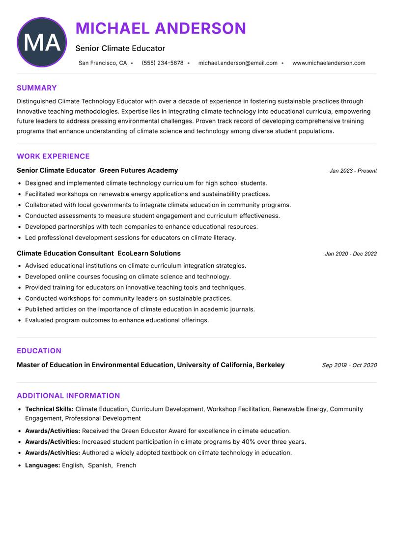 Climate Technology Educator resume example — ATS-friendly template