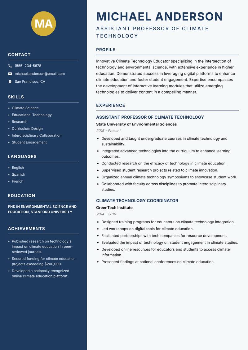 Climate Technology Educator resume template — Classic Clean