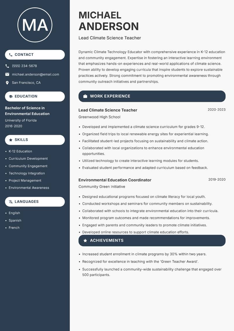 Climate Technology Educator resume template — Compact
