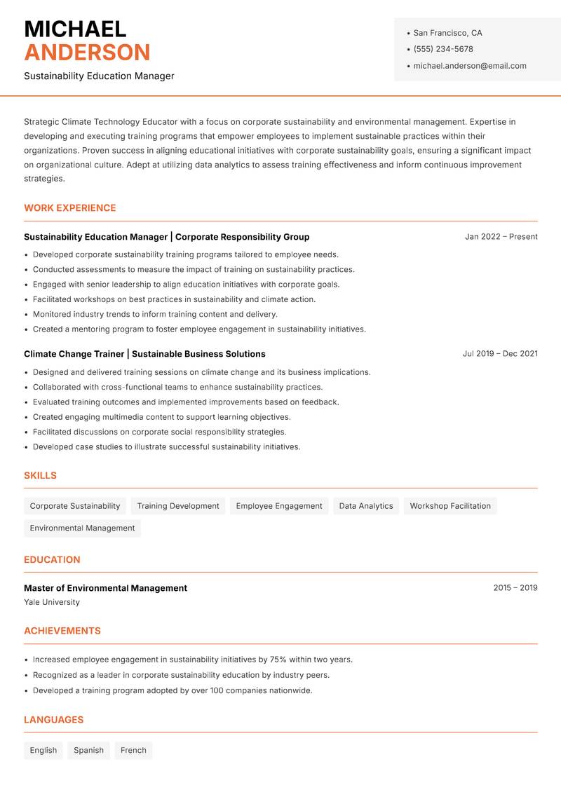Climate Technology Educator resume template — Modern Professional