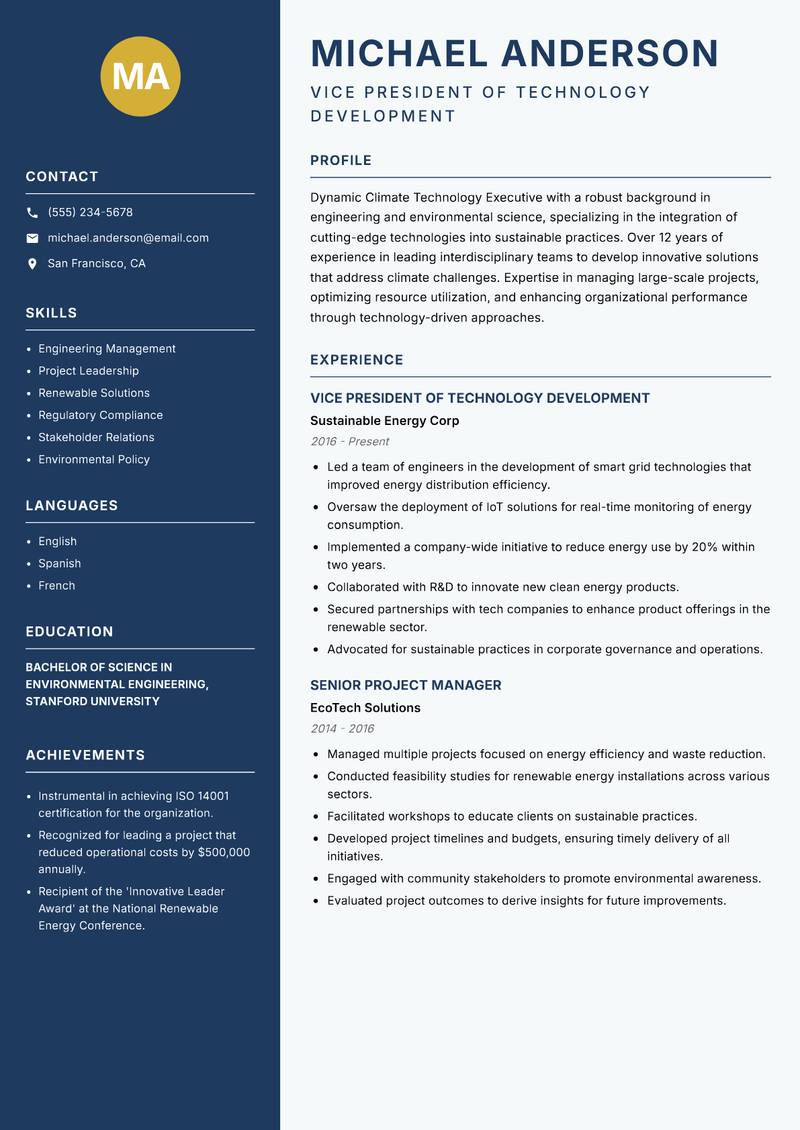 Climate Technology Executive resume template — Classic Clean