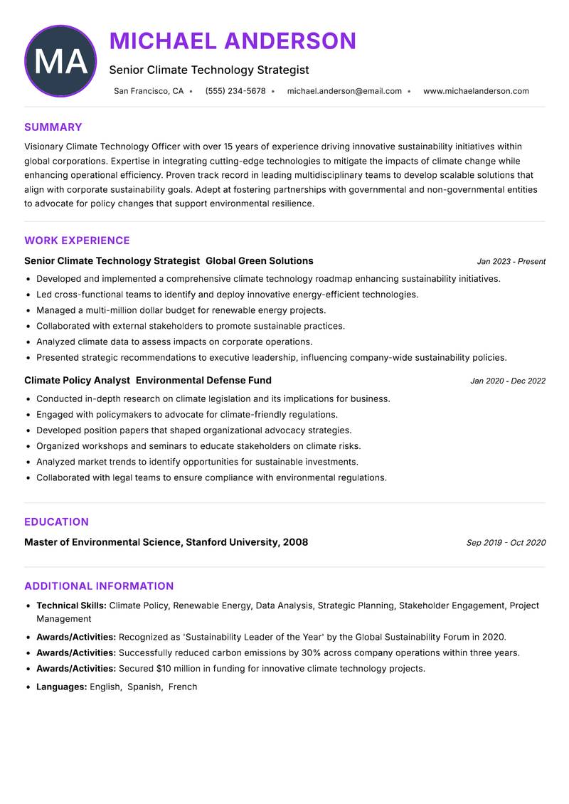 Climate Technology Officer resume example — ATS-friendly template
