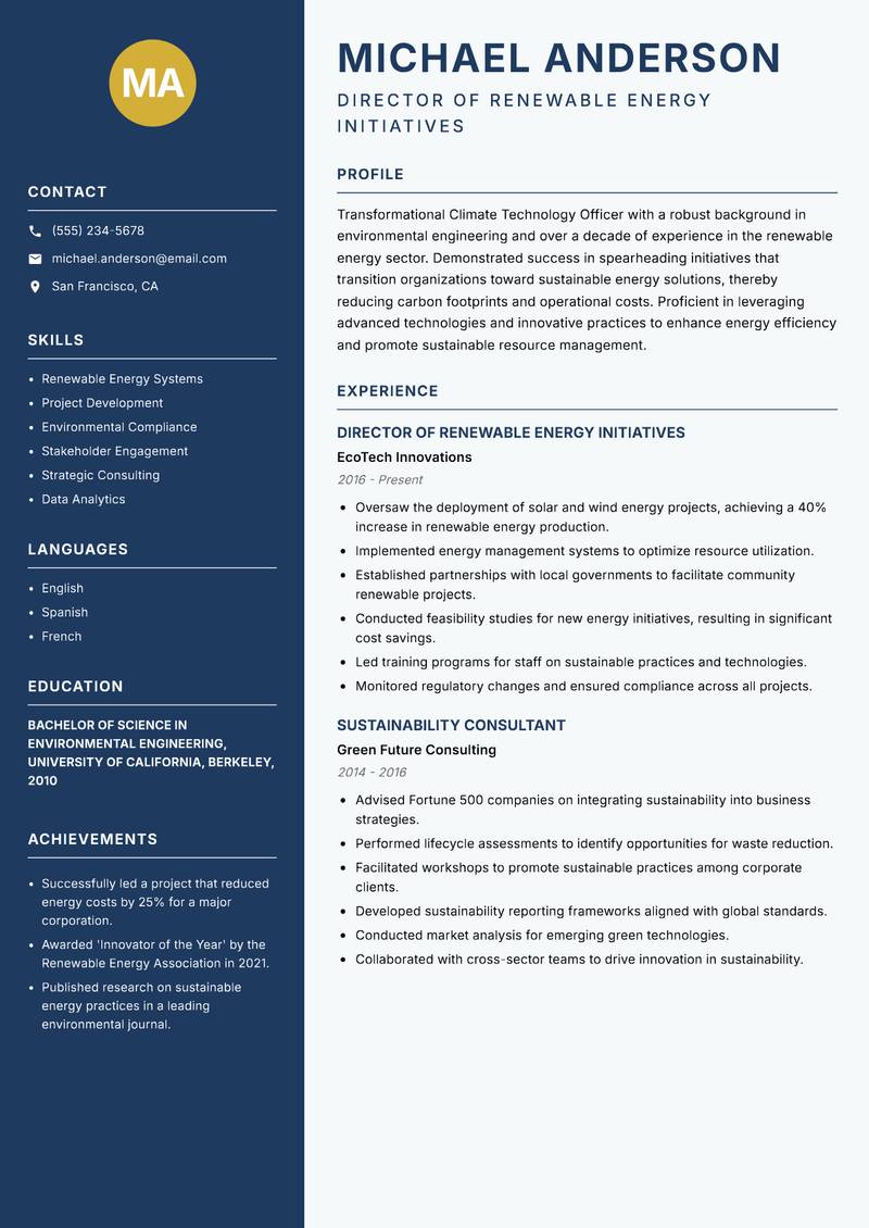 Climate Technology Officer resume template — Classic Clean