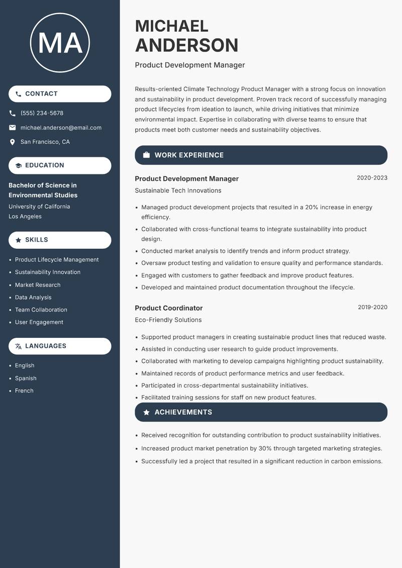 Climate Technology Product Manager resume template — Compact