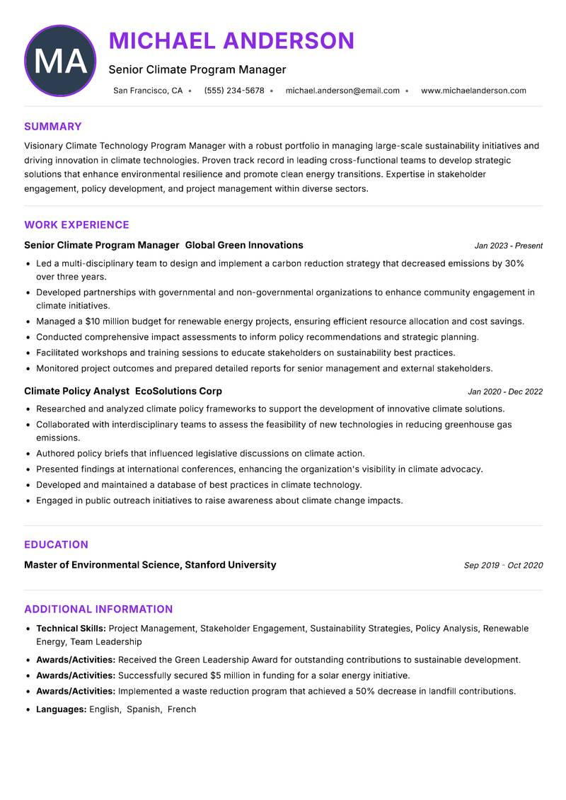 Climate Technology Program Manager resume example — ATS-friendly template