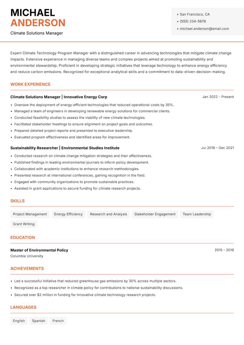 Climate Technology Program Manager resume template — Modern Professional