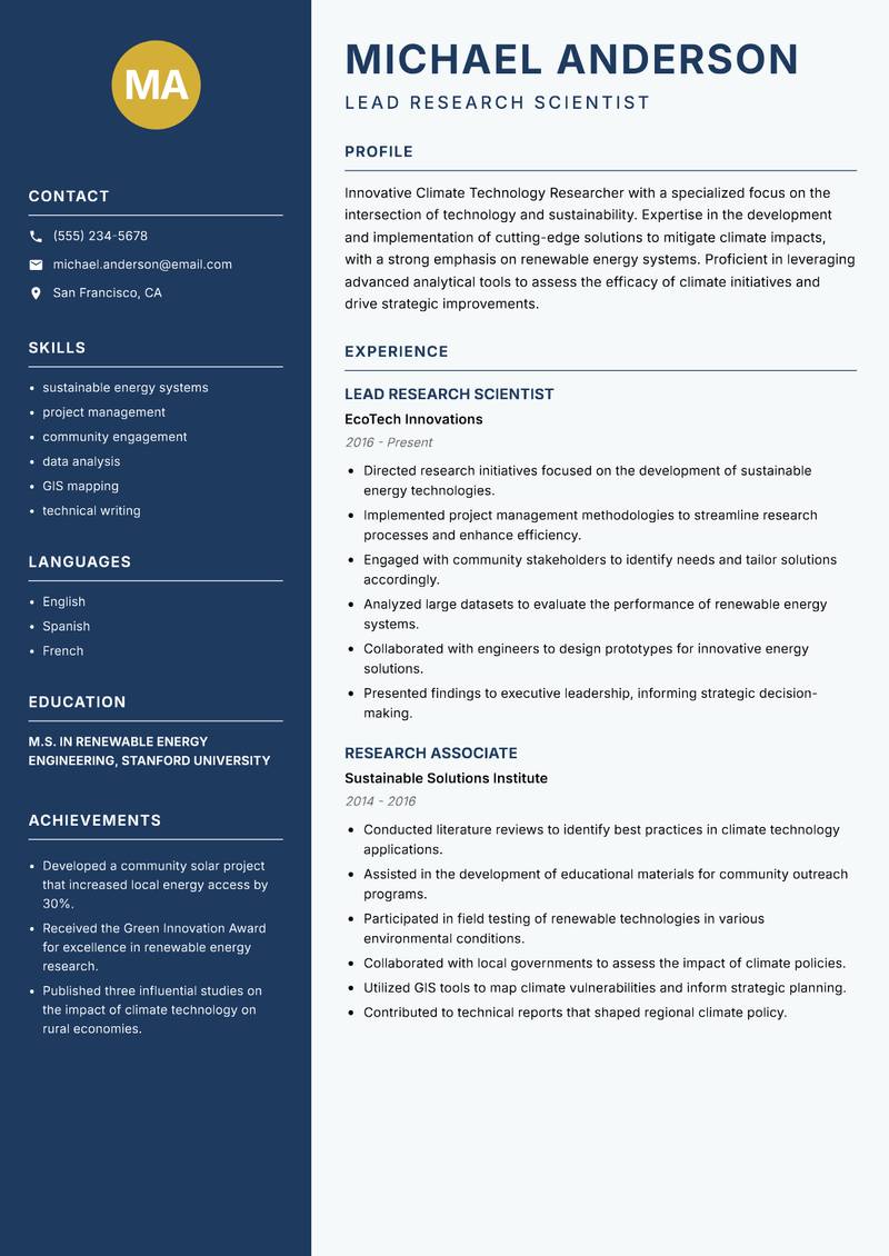 Climate Technology Researcher resume template — Classic Clean