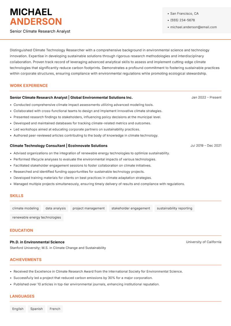 Climate Technology Researcher resume template — Modern Professional