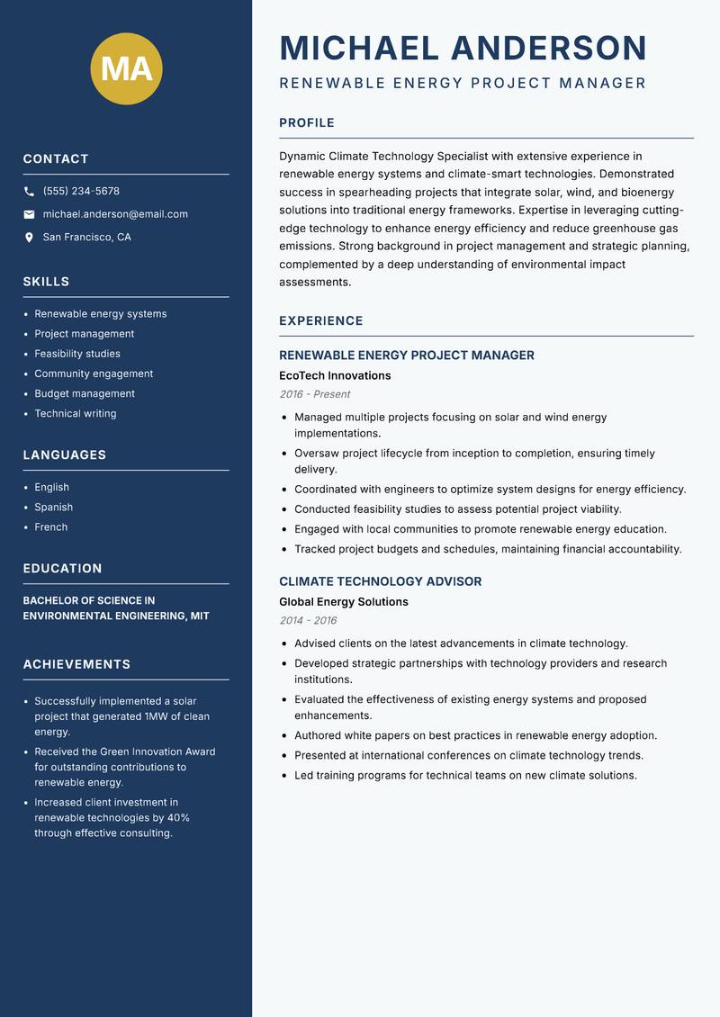 Climate Technology Specialist resume template — Classic Clean