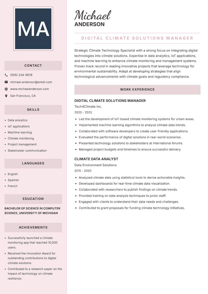 Climate Technology Specialist resume template — Executive