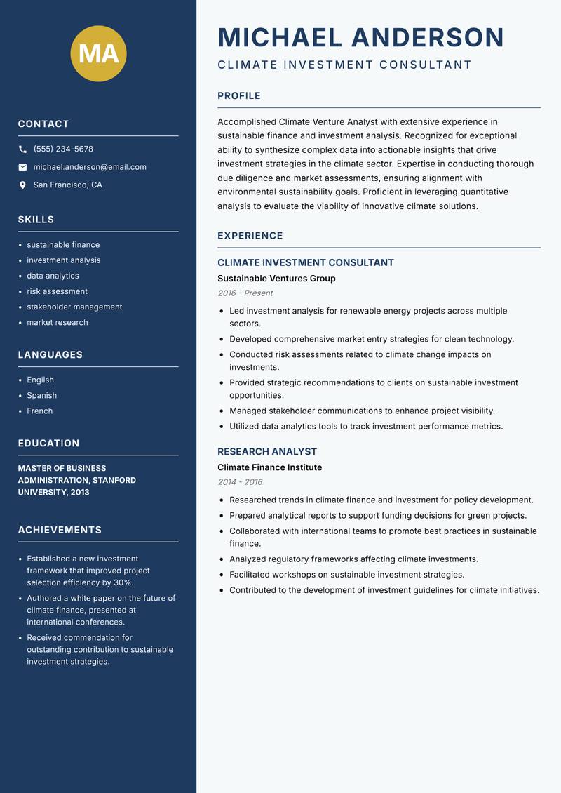 Climate Venture Analyst resume template — Classic Clean