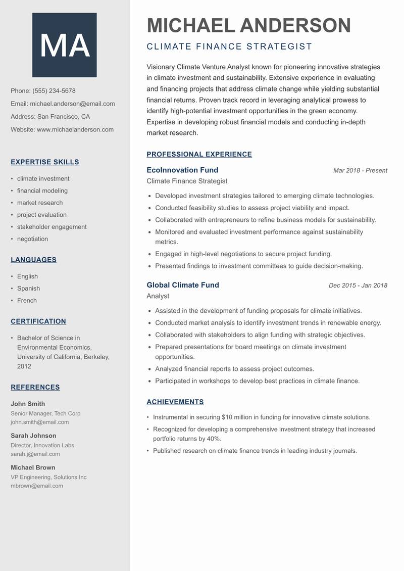 Climate Venture Analyst resume template — Creative Minimal