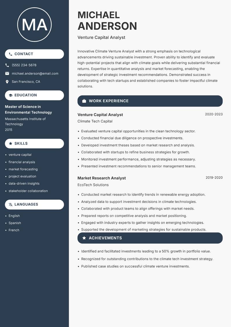 Climate Venture Analyst resume template — Compact