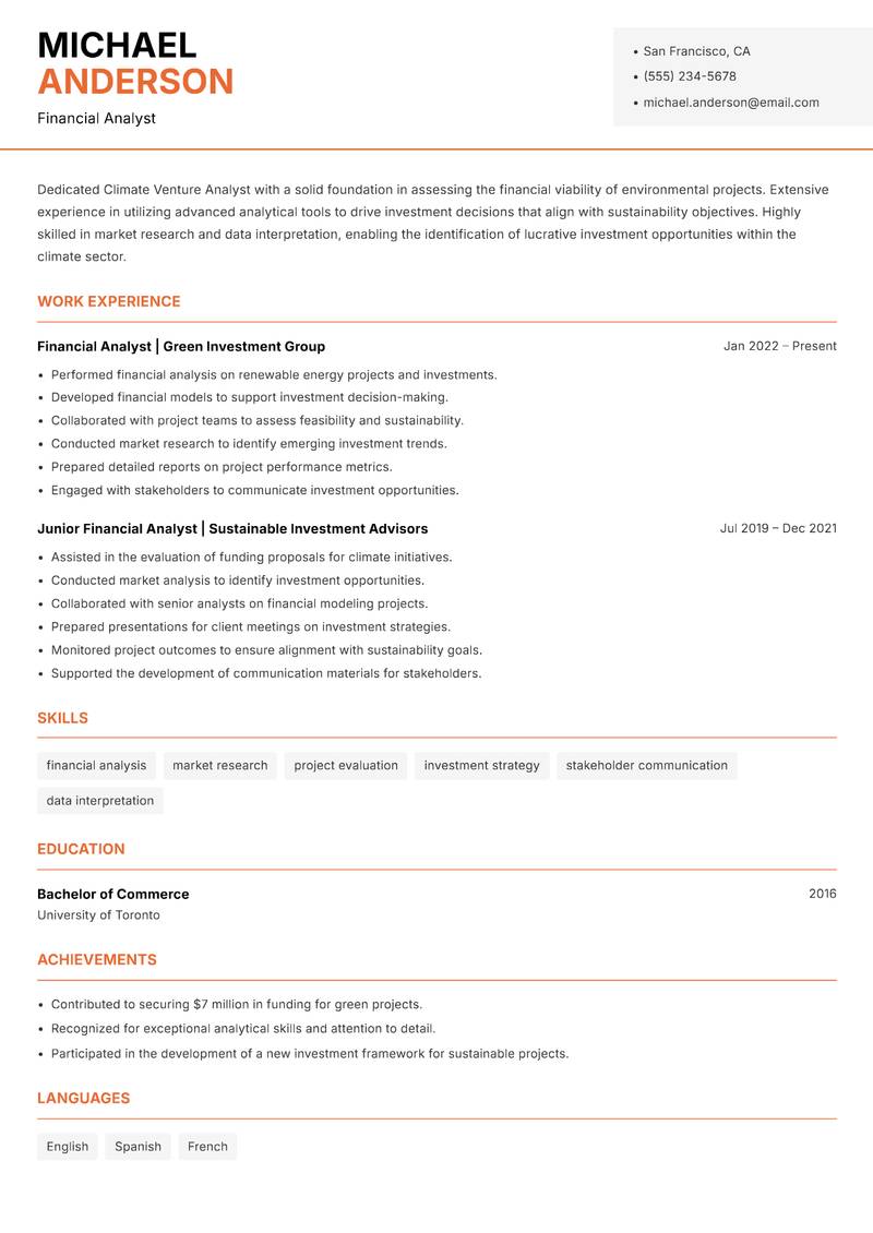 Climate Venture Analyst resume template — Modern Professional