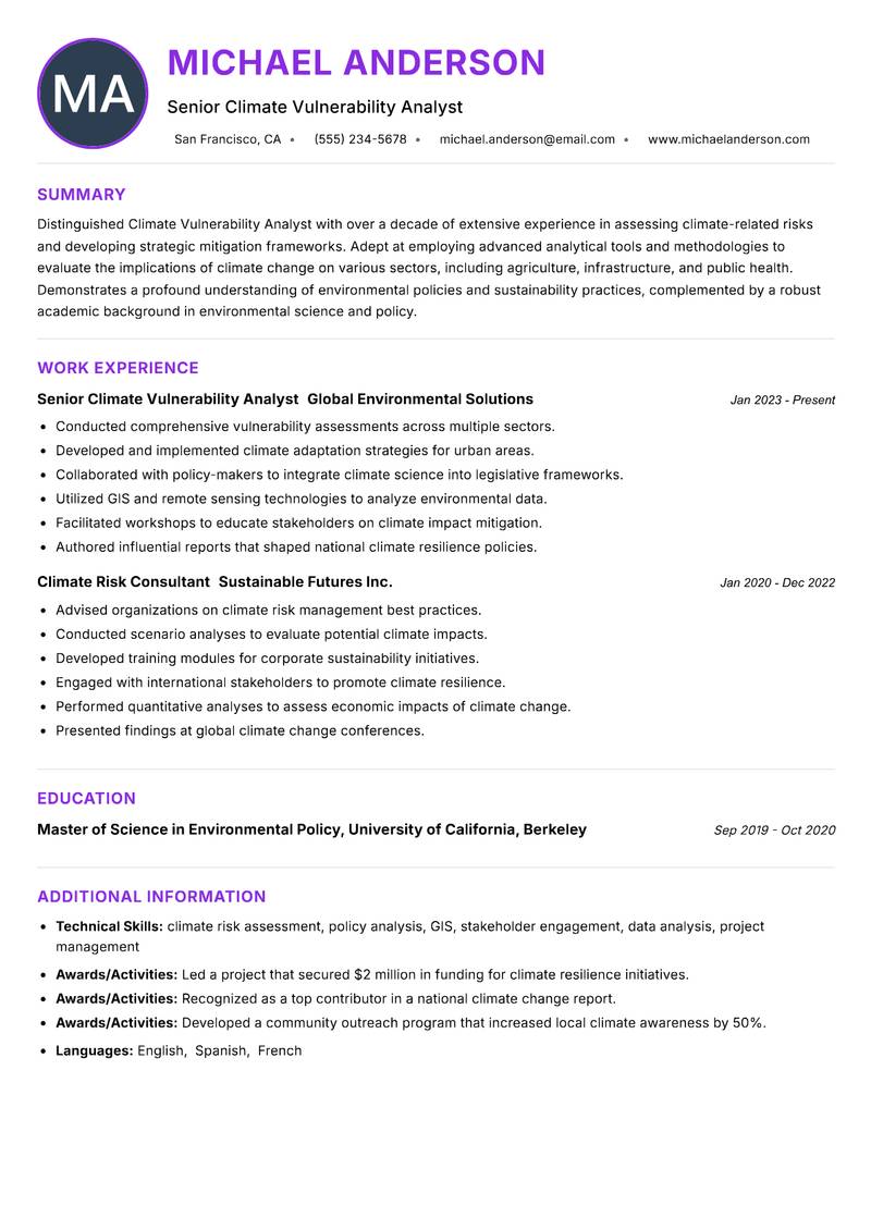 Climate Vulnerability Analyst resume example — ATS-friendly template