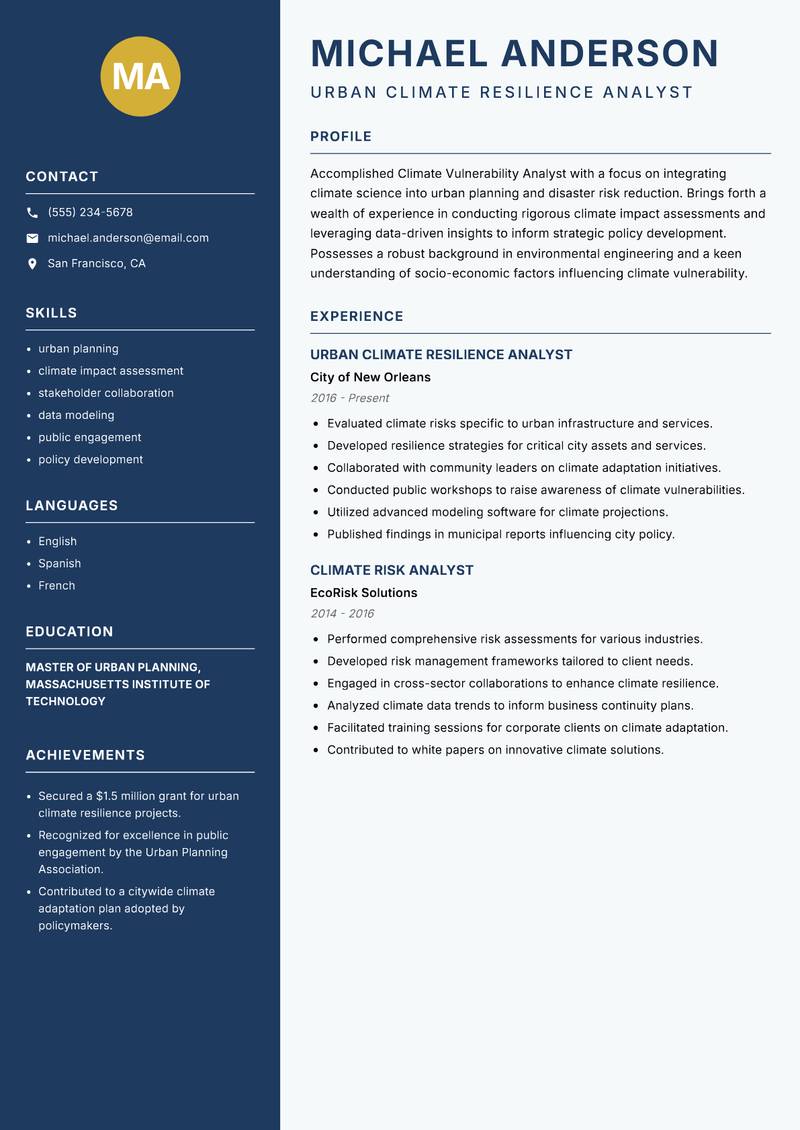 Climate Vulnerability Analyst resume template — Classic Clean