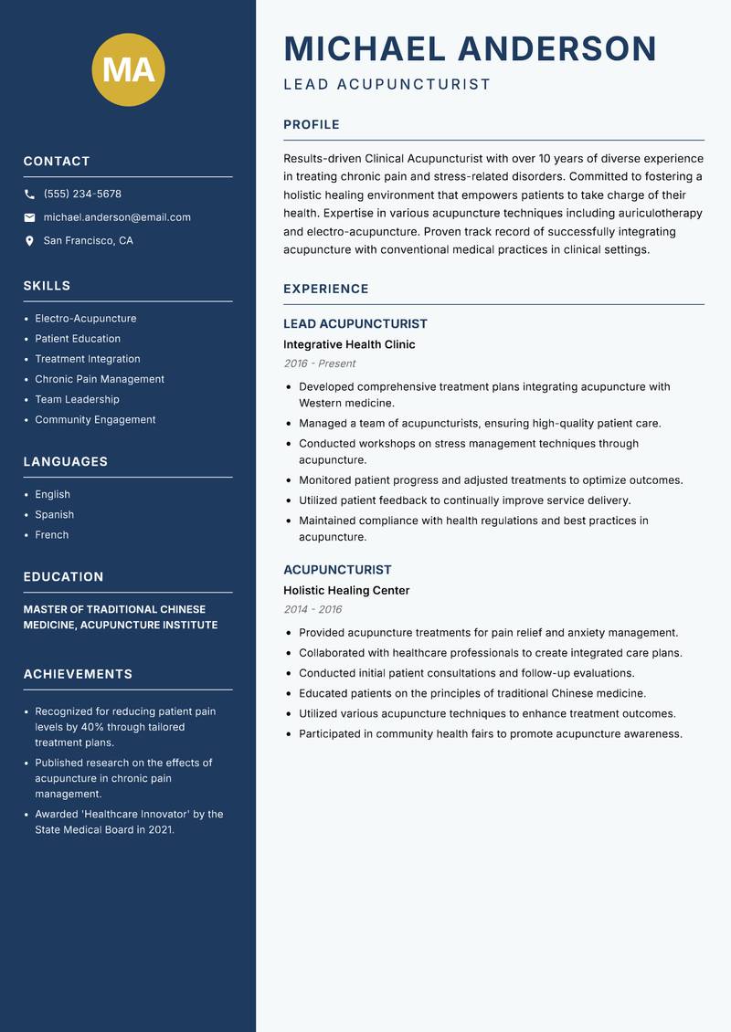 Clinical Acupuncturist resume template — Classic Clean