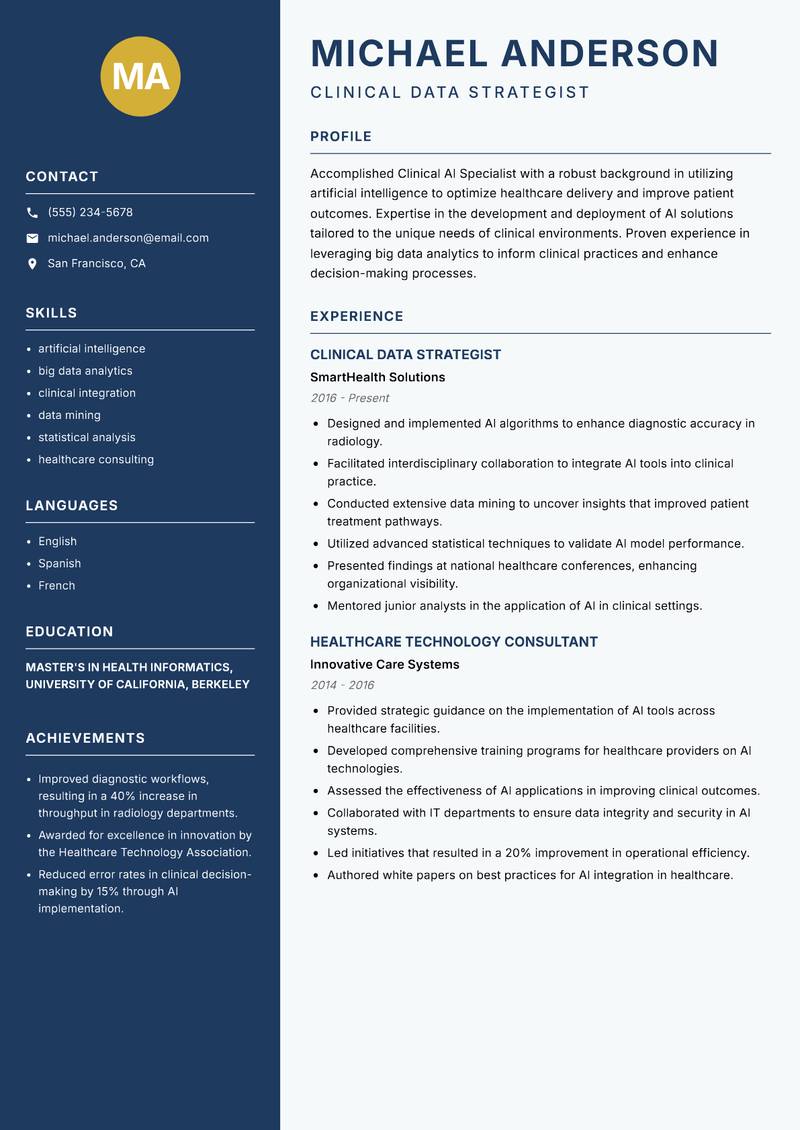 Clinical AI Specialist resume template — Classic Clean