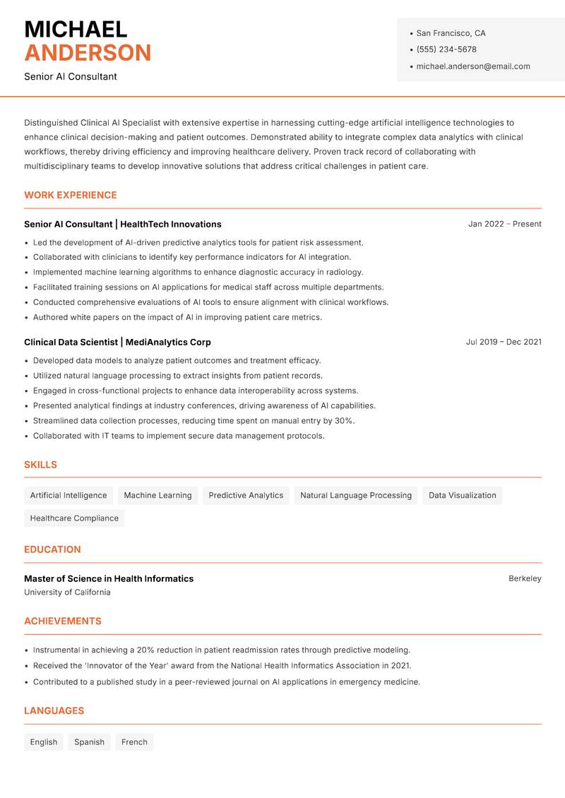 Clinical AI Specialist resume template — Modern Professional