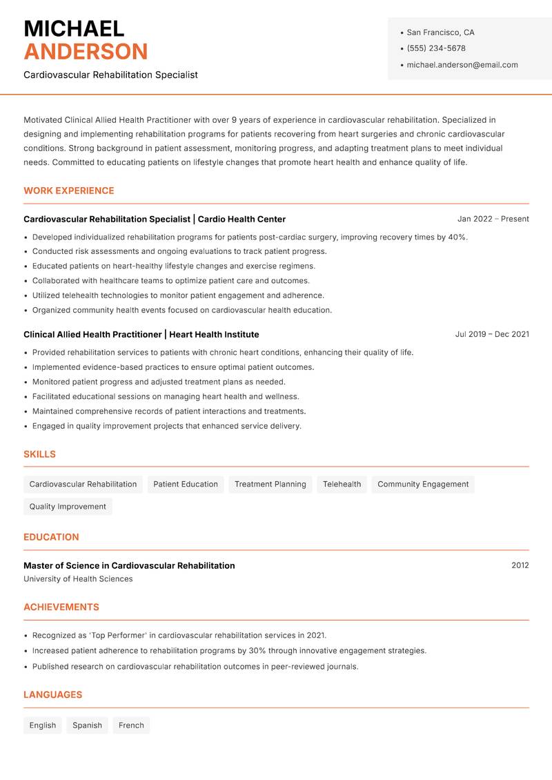 Clinical Allied Health Practitioner resume template — Modern Professional