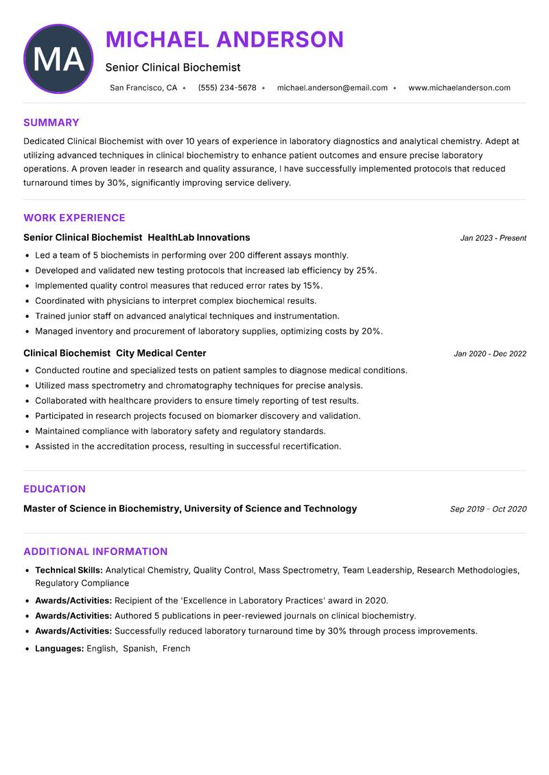 Clinical Biochemist resume example — ATS-friendly template