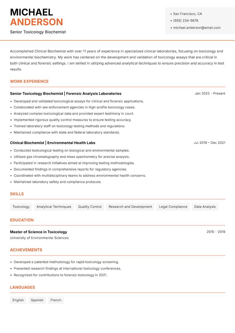 Clinical Biochemist resume template — Modern Professional