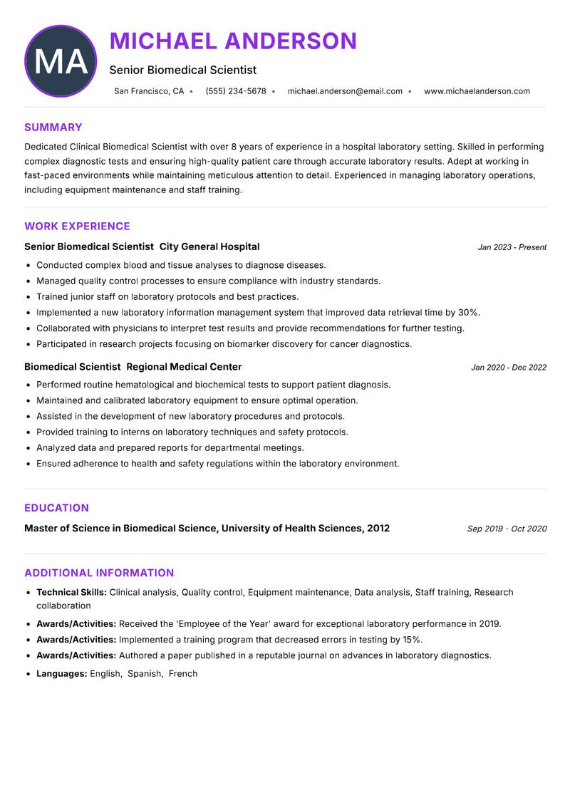 Clinical Biomedical Scientist resume example — ATS-friendly template