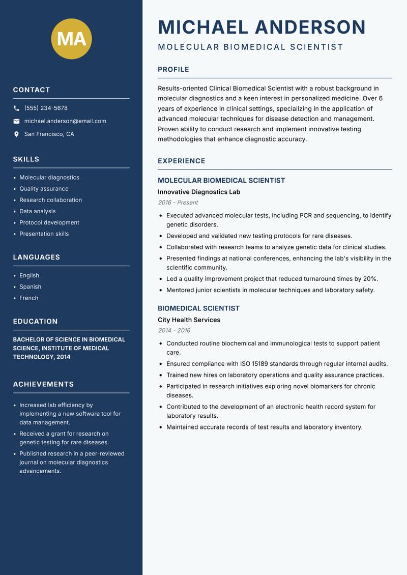 Clinical Biomedical Scientist resume template — Classic Clean
