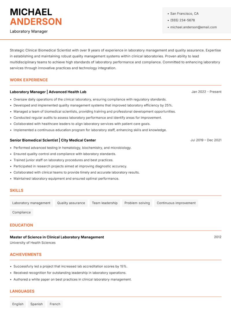 Clinical Biomedical Scientist resume template — Modern Professional