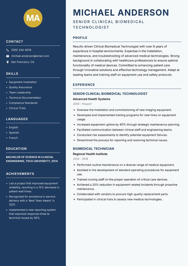 Clinical Biomedical Technologist resume template — Classic Clean